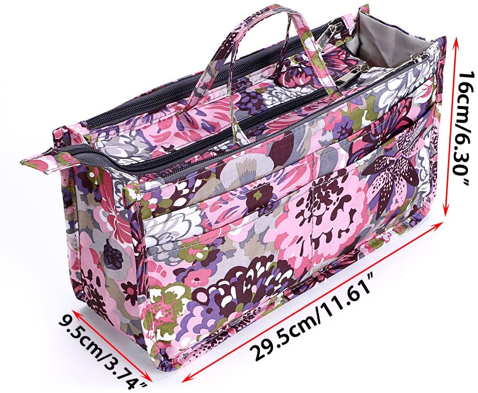 BTSKY New Printing Handbag Organizers Inside Purse Insert-High Capacity 13 Pockets Bag Tote Organizer with Handle Peacock Flower