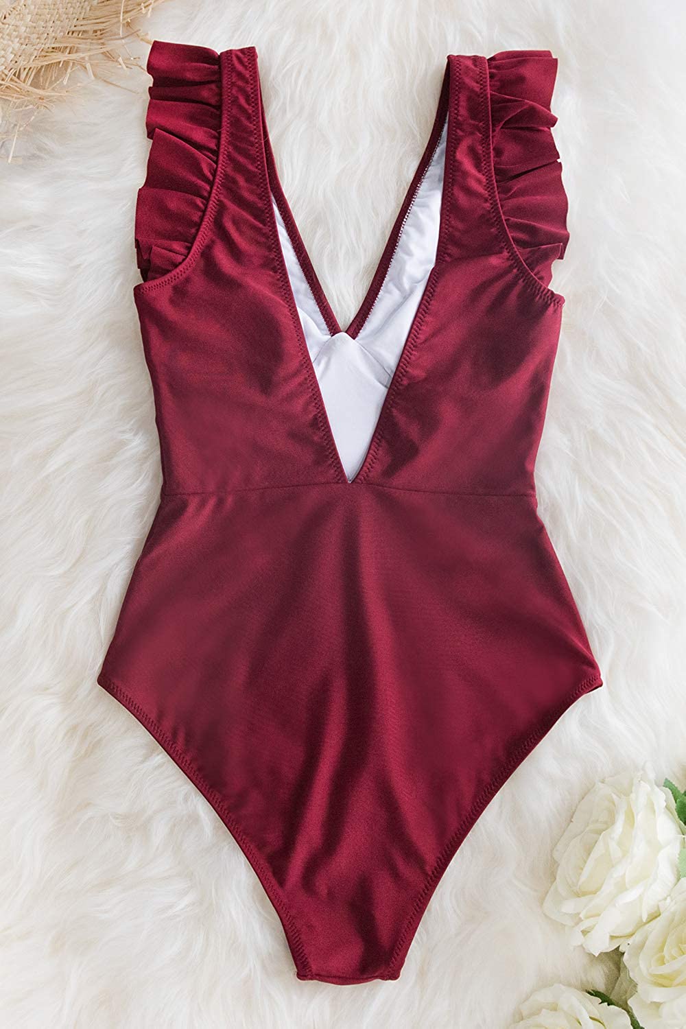 CUPSHE Women's One Piece Swimsuit V Neck Ruched Ruffle Shoulder Swimwear Bathing Suits