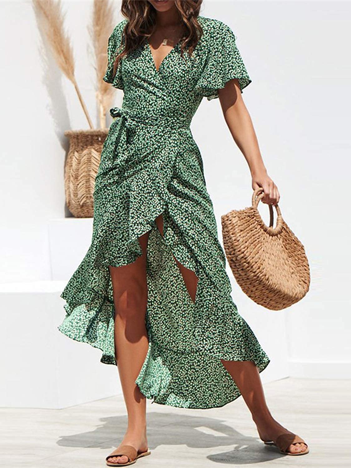 Miessial Women's Summer Chiffon V Neck Ruffle Maxi Dress Polka Dot Long Beach Wrap Dress