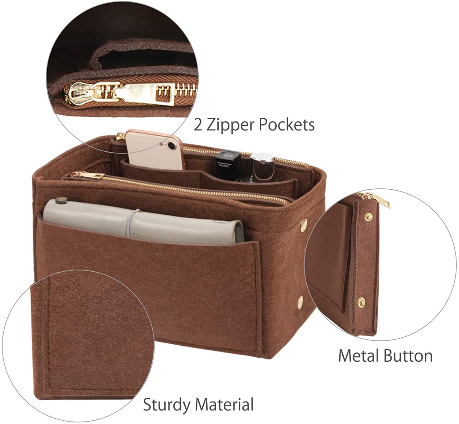 APSOONSELL Felt Purse Organizer Insert with Card Case, Tote Handbag Organizer Bag Insert with Zipper