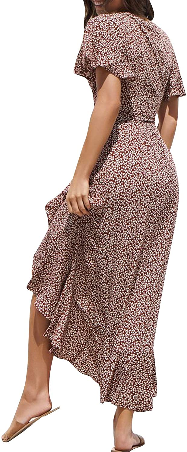 Miessial Women's Summer Chiffon V Neck Ruffle Maxi Dress Polka Dot Long Beach Wrap Dress