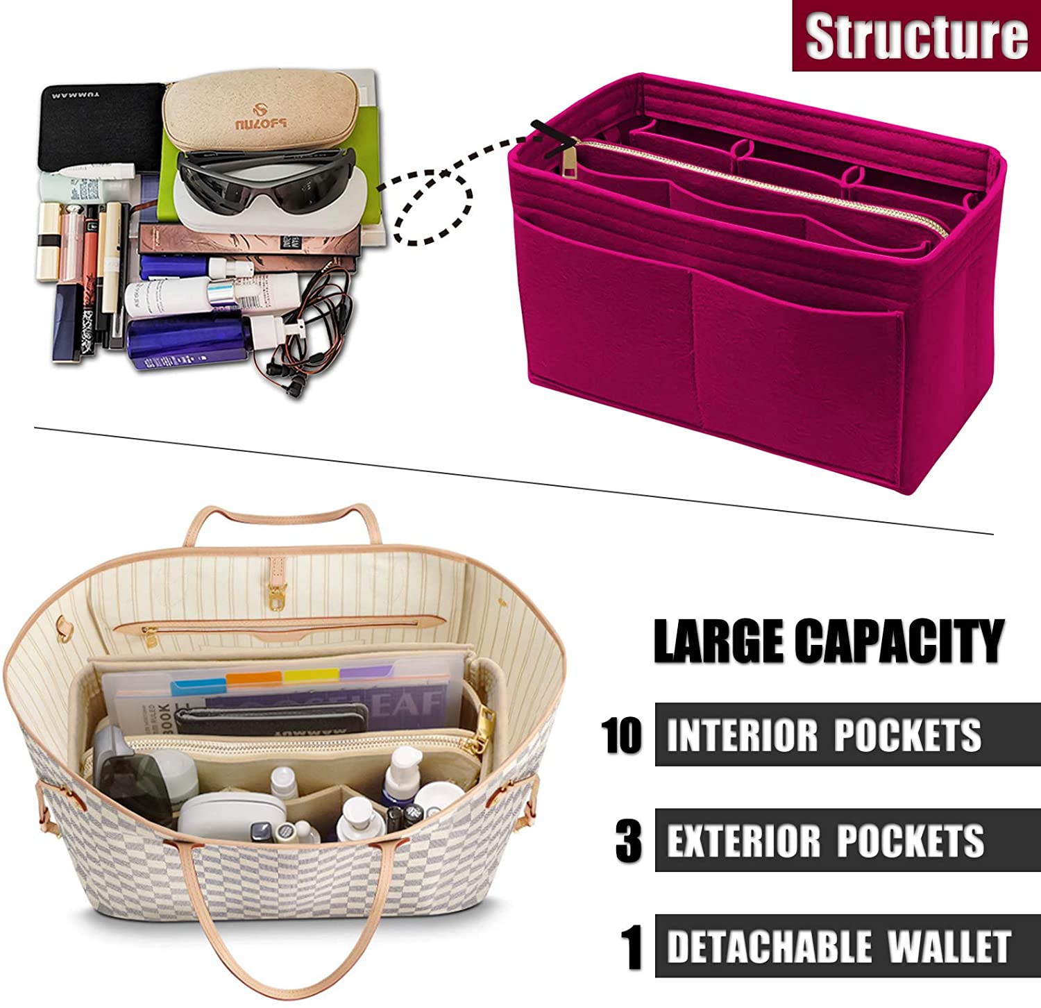 Purse Organizer Insert with Zipper Felt Bag Organizer Handbag Organizer Insert Bag In Bag Organizer