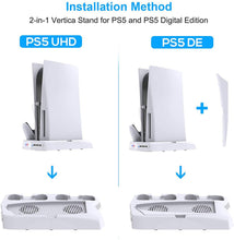 
                        
                          Load image into Gallery viewer, Vertical Stand with Cooling Fan for PS5 Console and Playstation 5 Digital Edition - JOY2ESpree
                        
                      