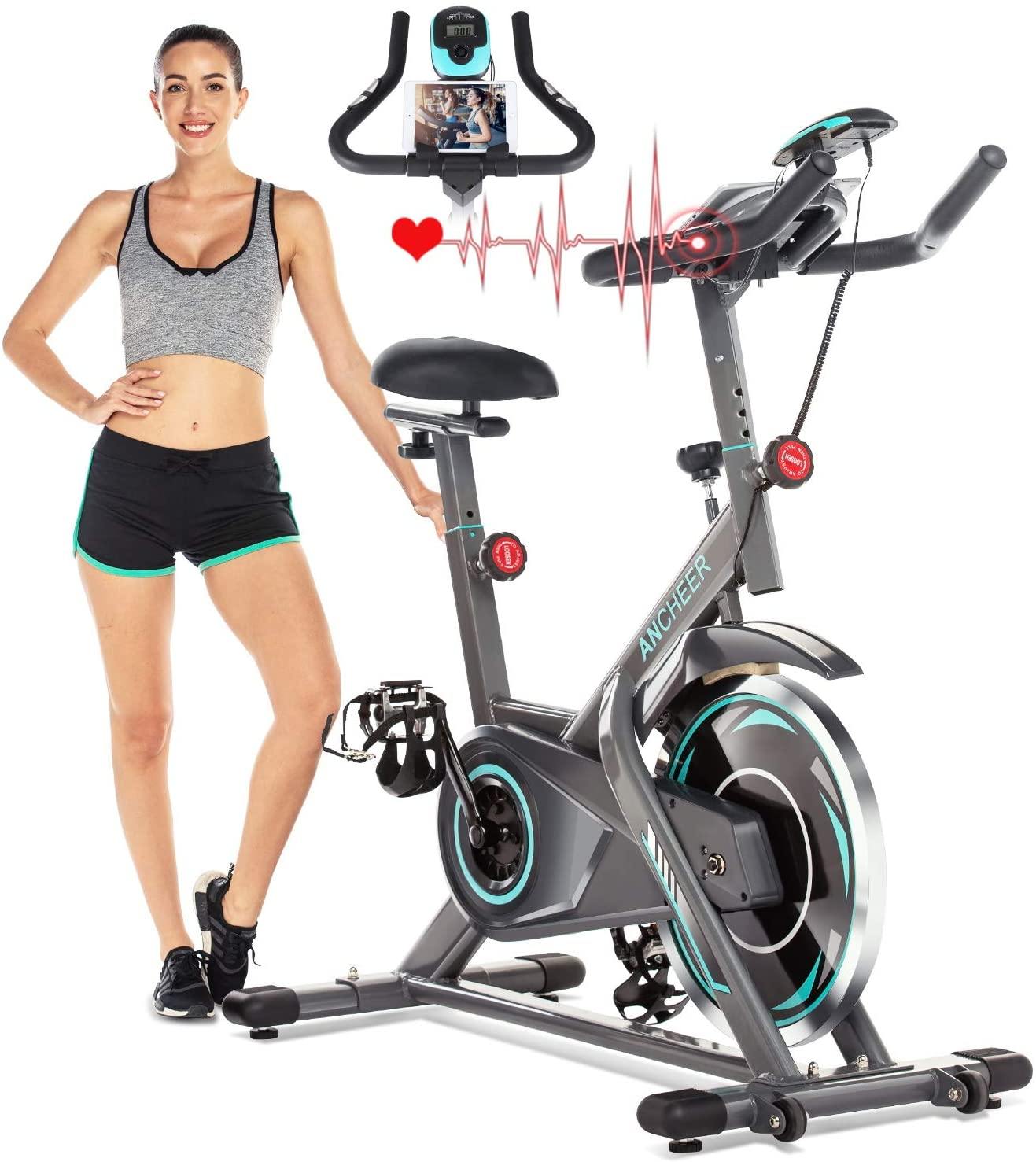 ANCHEER 49Lbs Exercise Bike Stationary, 330 Lbs Weight Capacity - Cycling Bike Heart Rate Monitor & Tablet Holder and LCD Monitor for Home Workout - JOY2ESpree