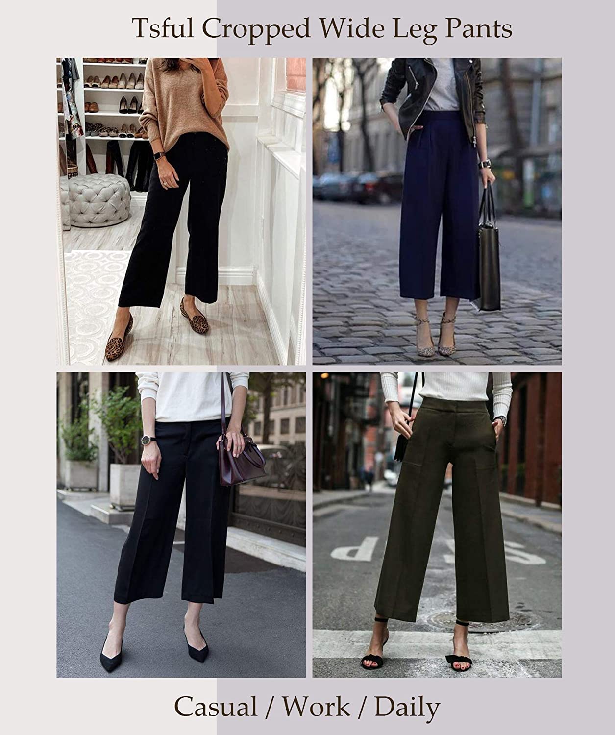 Tsful High Waisted Wide Leg Pants for Women Summer Business Casual Crop Dress Pants Stretch Pull On Capris