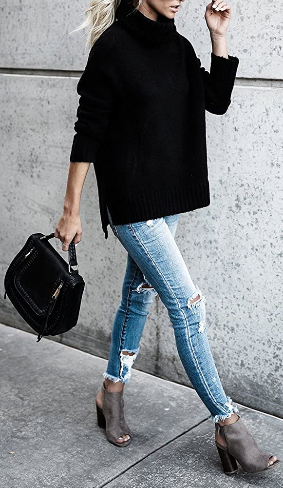 FISACE Womens Solid Round Neck Oversized Turtleneck Full Sleeve Knitted Sweater Pullover