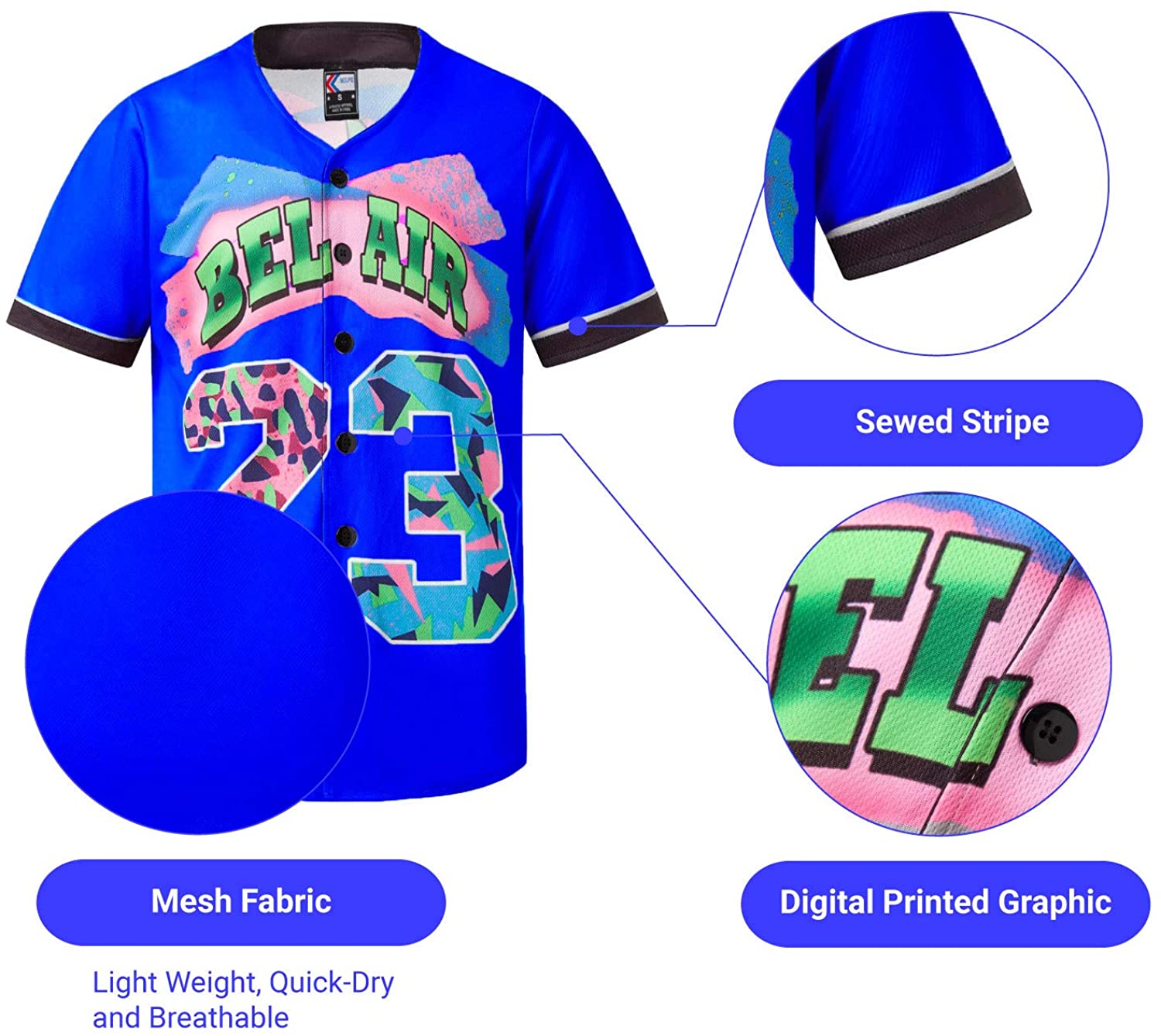 MOLPE 90s Hip Hop Clothing for Men and Women, Unisex Bel Air 23 Baseball Jersey, Mens Printed Urban Shirts for Party