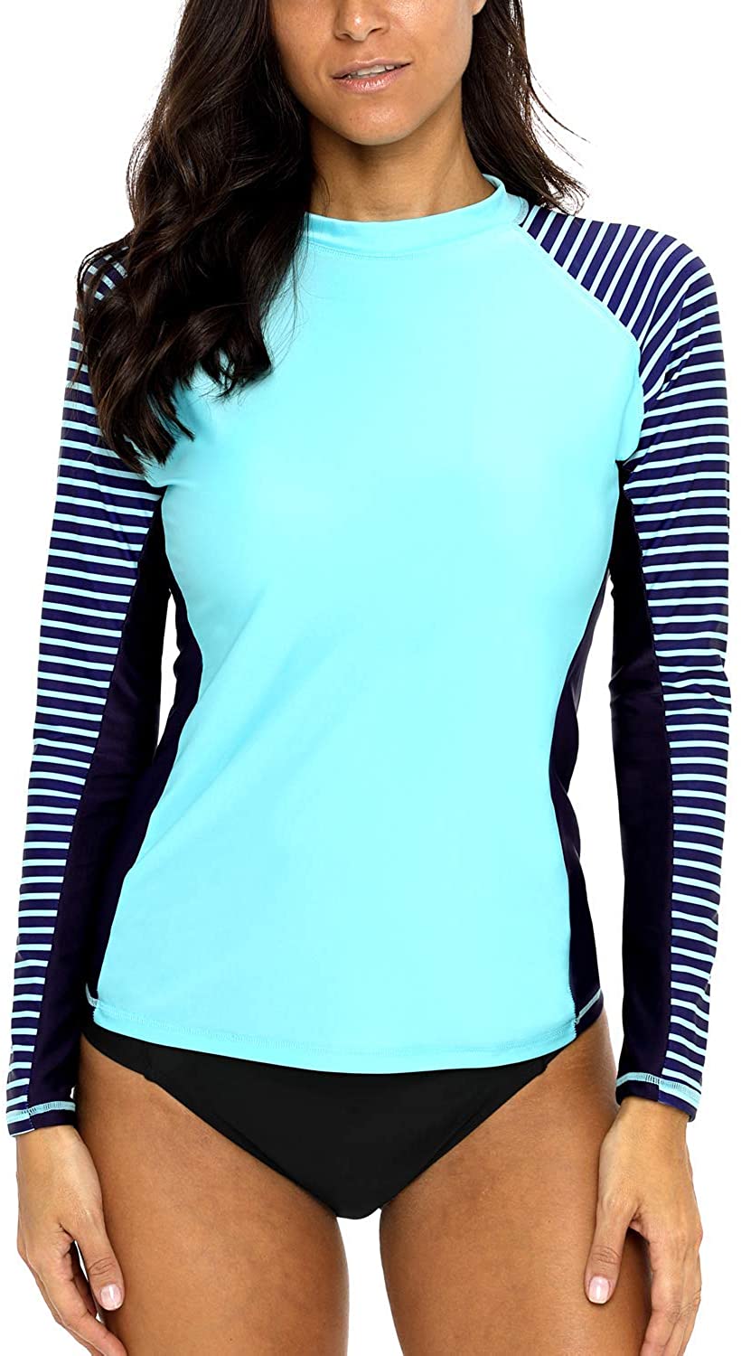 CharmLeaks Women's Long Sleeve Rashguard UPF 50 Sun Protection Swimsuit Top Striped Swim Shirts