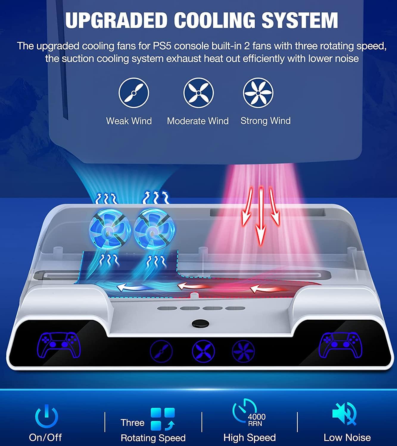 PS5 Accessories Stand Cooling Fan, PS5 Stand with Cooling Fan And Controller Charger Station for Playstation 5 Console - JOY2ESpree