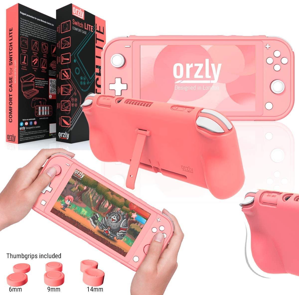 Orzly Grip Case for Nintendo Switch Lite – Case with Comfort Padded Hand Grips, Kickstand, Pack of Thumb Grips - Turquoise Blue - JOY2ESpree