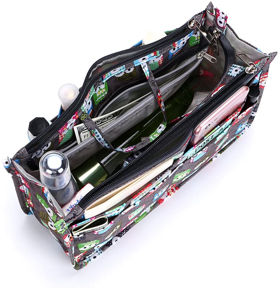 BTSKY New Printing Handbag Organizers Inside Purse Insert-High Capacity 13 Pockets Bag Tote Organizer with Handle Peacock Flower