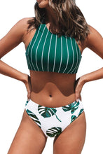 
                        
                          Load image into Gallery viewer, CUPSHE Women's Teal Stripe Leaves Print Criss Cross Bikini Sets
                        
                      