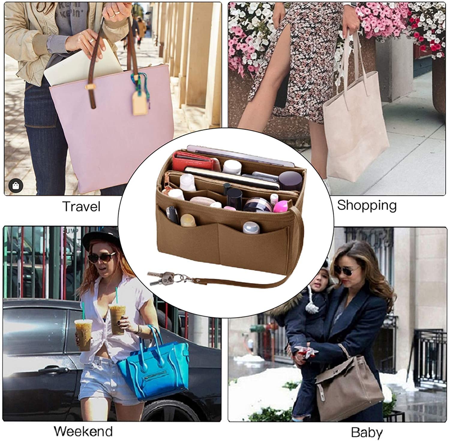 Purse Organizer Insert, Felt Bag organizer with zipper, Handbag & Tote Shaper, For Speedy Neverfull Tote, 5 Sizes