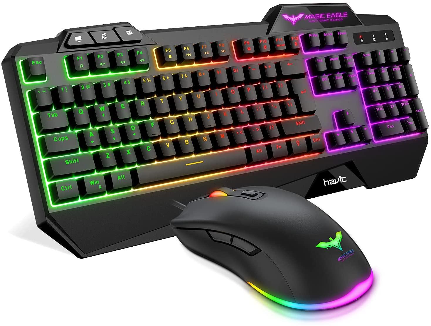havit Keyboard Rainbow Backlit Wired Gaming Keyboard Mouse Combo, LED 104 Keys USB Ergonomic Wrist Rest Keyboard, 4800 DPI Mouse for PC Gamer (White) - JOY2ESpree