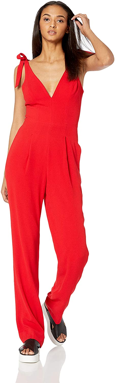 Dress the Population Women's Maira Sleeveless Plunging Dress Jumpsuit W Bows