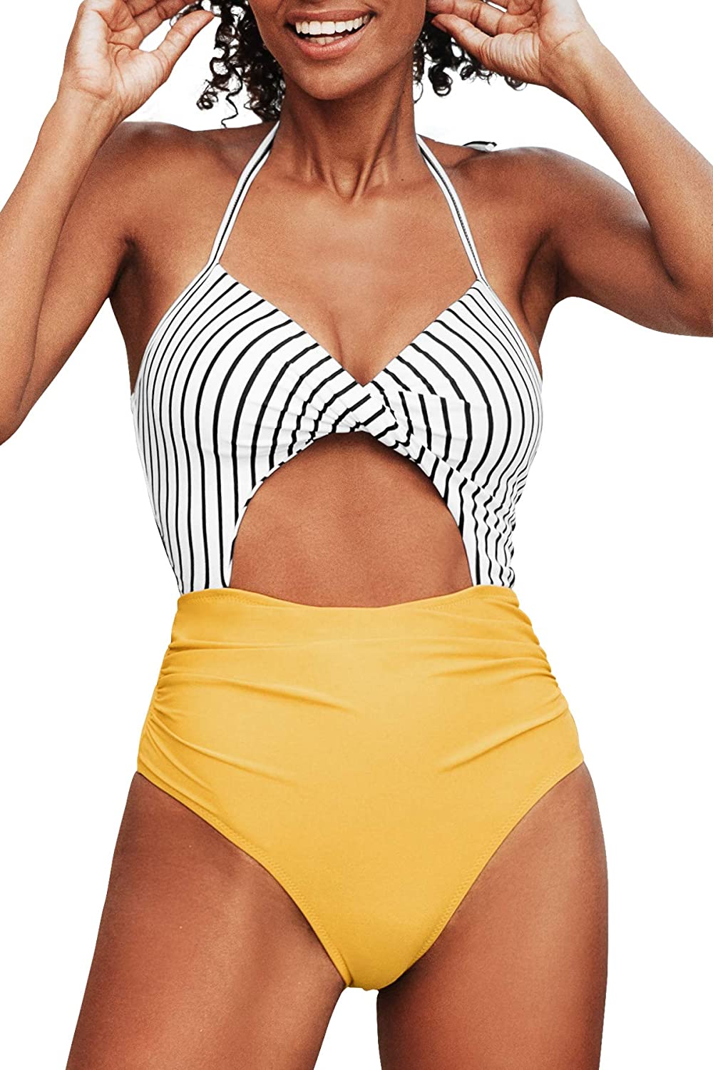 CUPSHE Women's Black Floral Print Halter Cutout High Waist One Piece Swimsuit