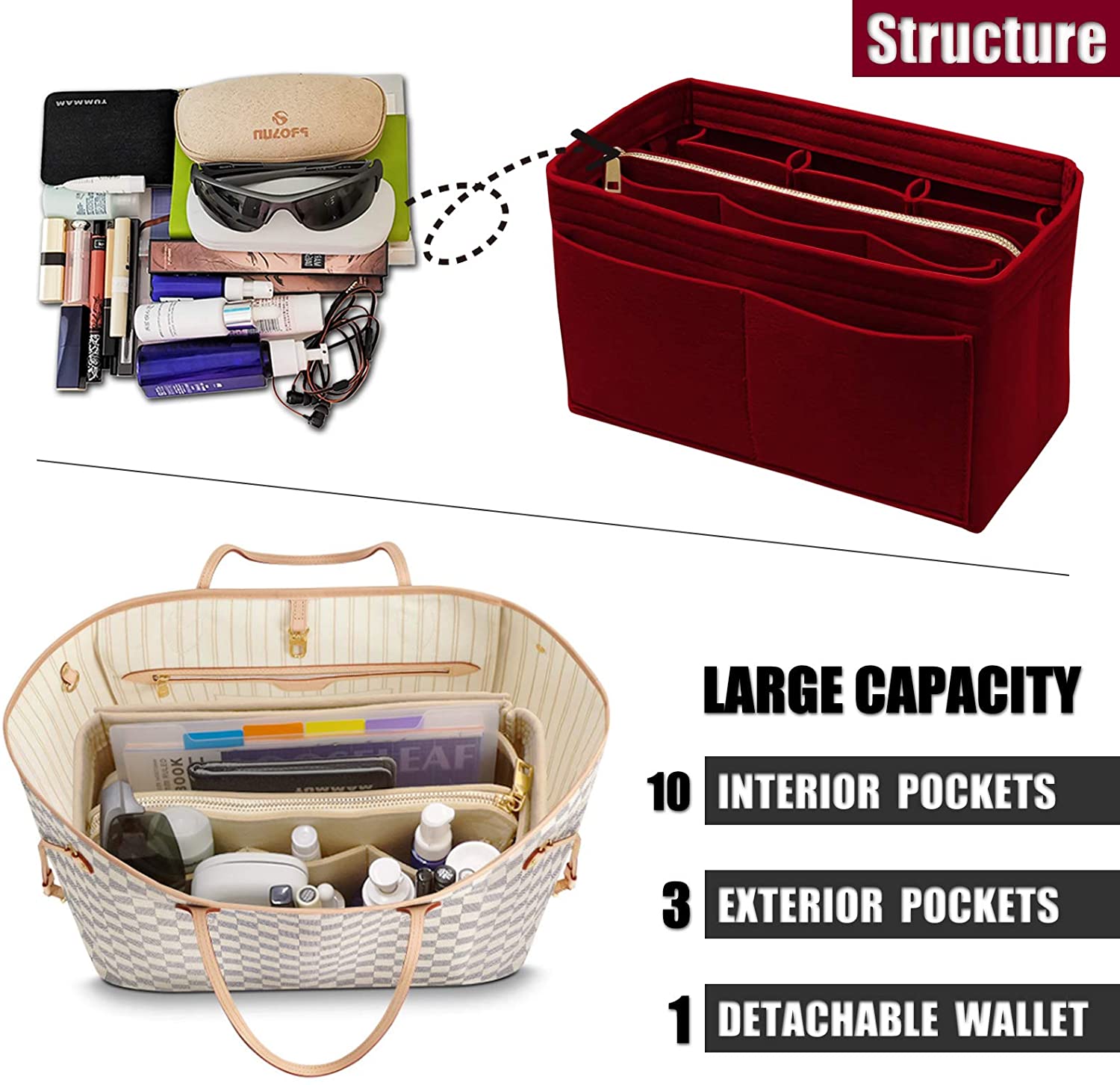 Purse Organizer Insert with Zipper Felt Bag Organizer Handbag Organizer Insert Bag In Bag Organizer