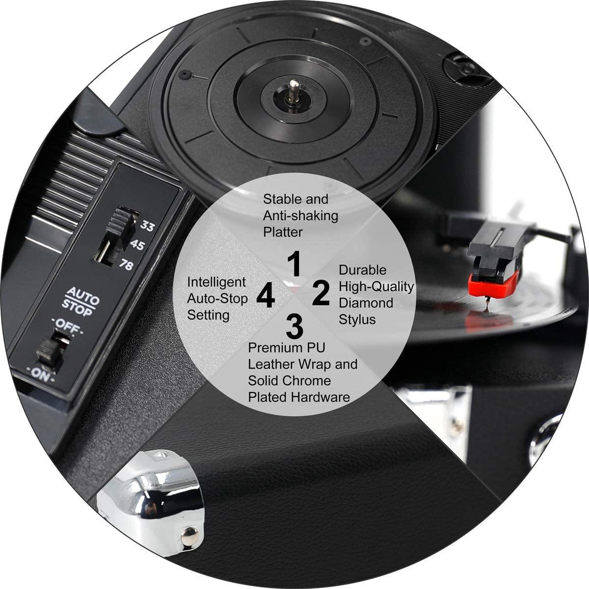 Retro Record Player for 33/45/78 RPM Vinyl Records,Bluetooth Belt-Drive Turntable - JOY2ESpree