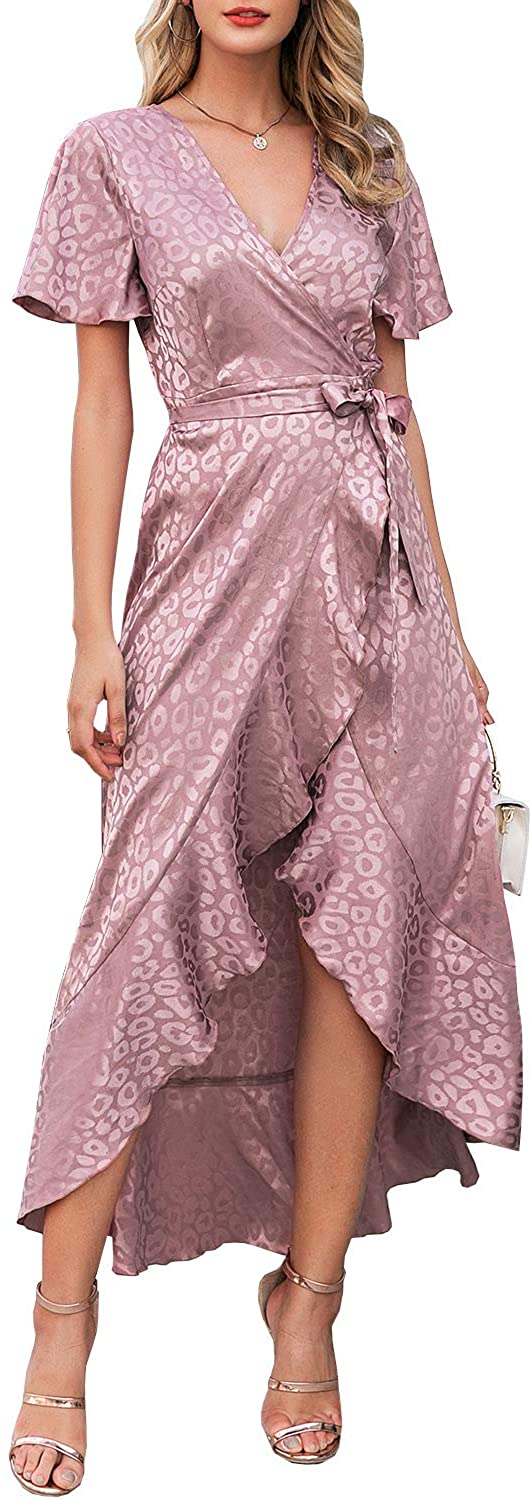 Miessial Women's Summer Chiffon V Neck Ruffle Maxi Dress Polka Dot Long Beach Wrap Dress