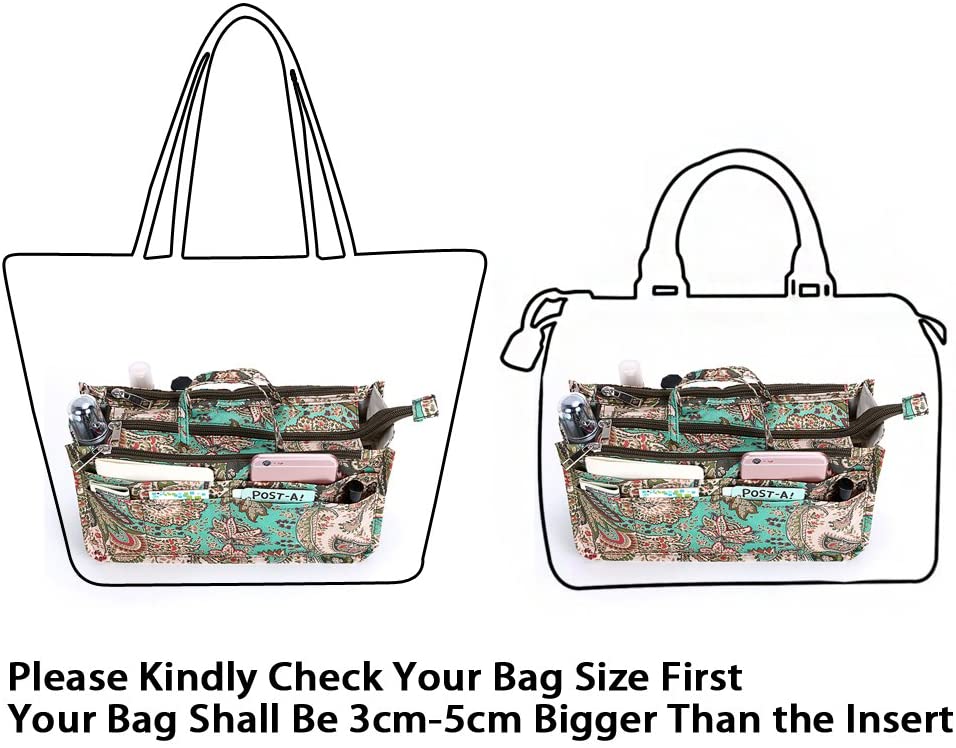 BTSKY New Printing Handbag Organizers Inside Purse Insert-High Capacity 13 Pockets Bag Tote Organizer with Handle Peacock Flower