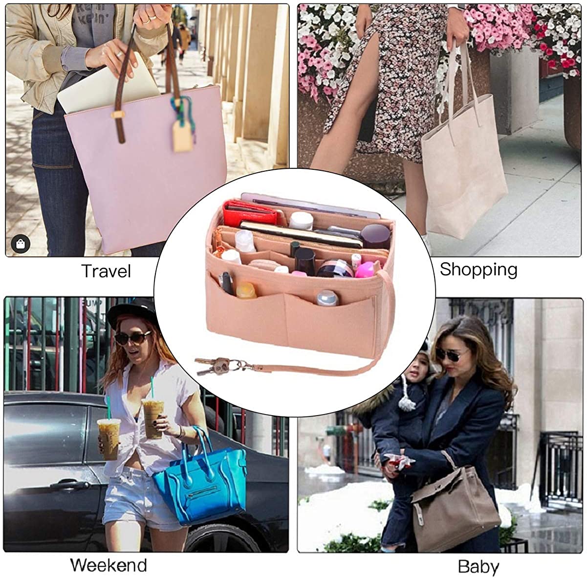 Purse Organizer Insert, Felt Bag organizer with zipper, Handbag & Tote Shaper, For Speedy Neverfull Tote, 5 Sizes