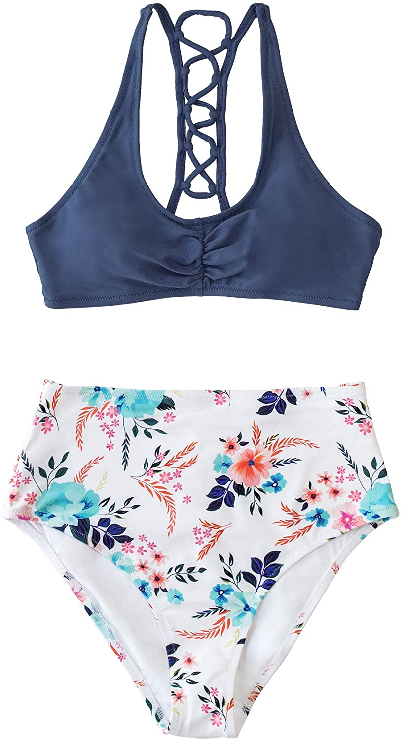 CUPSHE Women's High Waisted Bikini Floral Lace Up Two Piece Swimsuits
