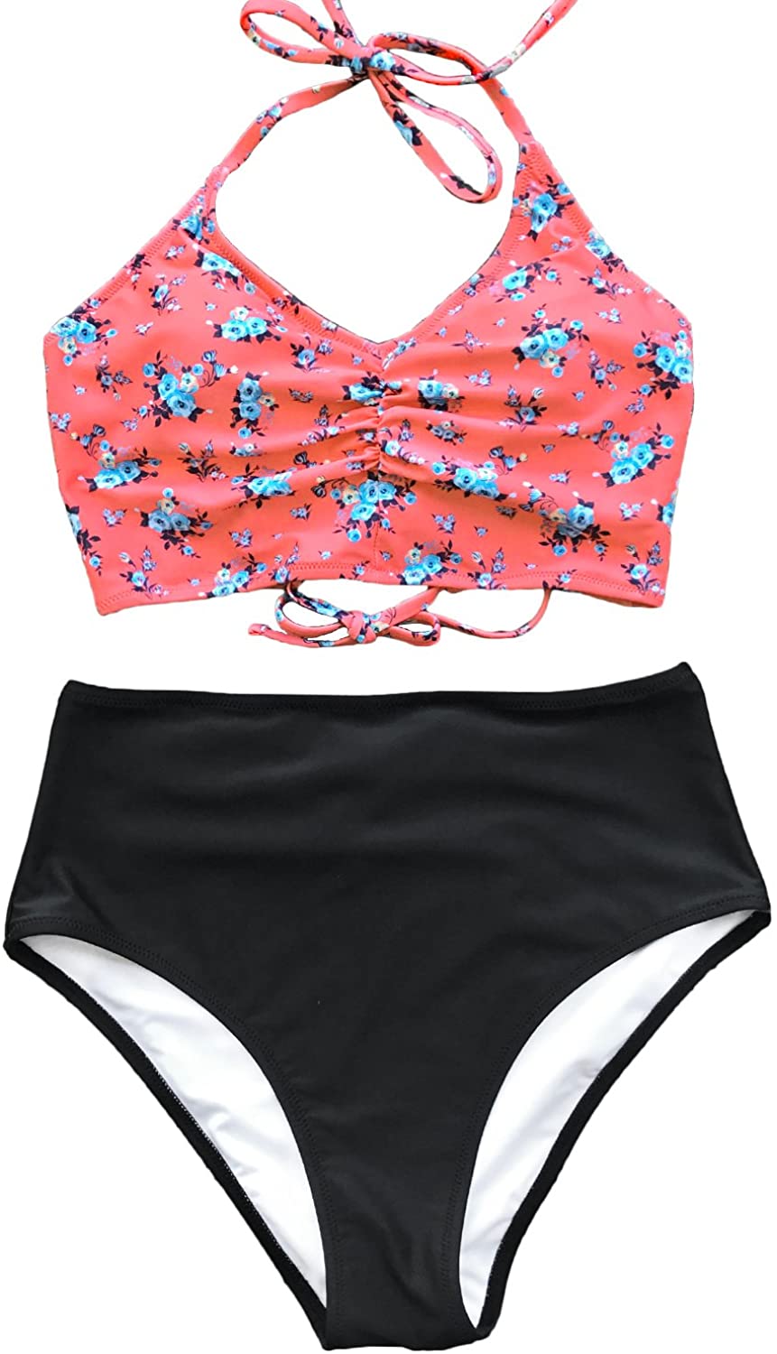 CUPSHE Women’s Bikini Swimsuit Floral Print Halter Lace Up Two Piece Bathing Suit