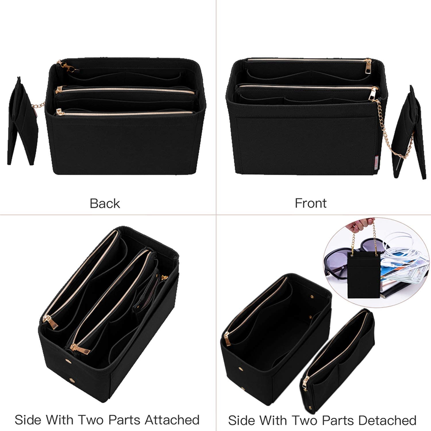 Purse Organizer, Purse Organizer Insert With 2 Metal Zipper, Bag Organizer With RFID Blocking Pocket Purse Organizer insert