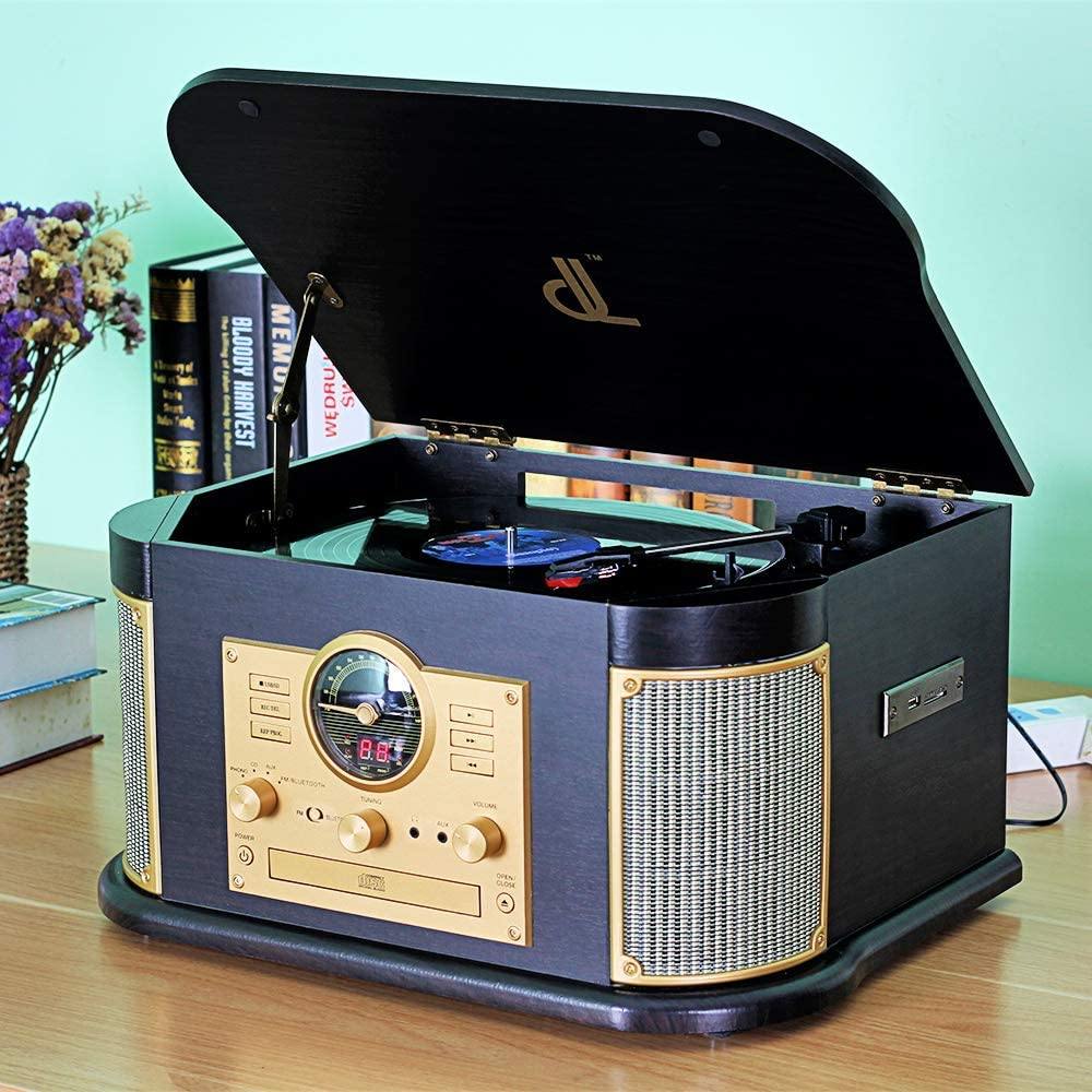 Cassette Record Player,Phonographs DLITIME 3-Speed Vinyl Turntable Built-in Bluetooth 2x9W Speakers - JOY2ESpree