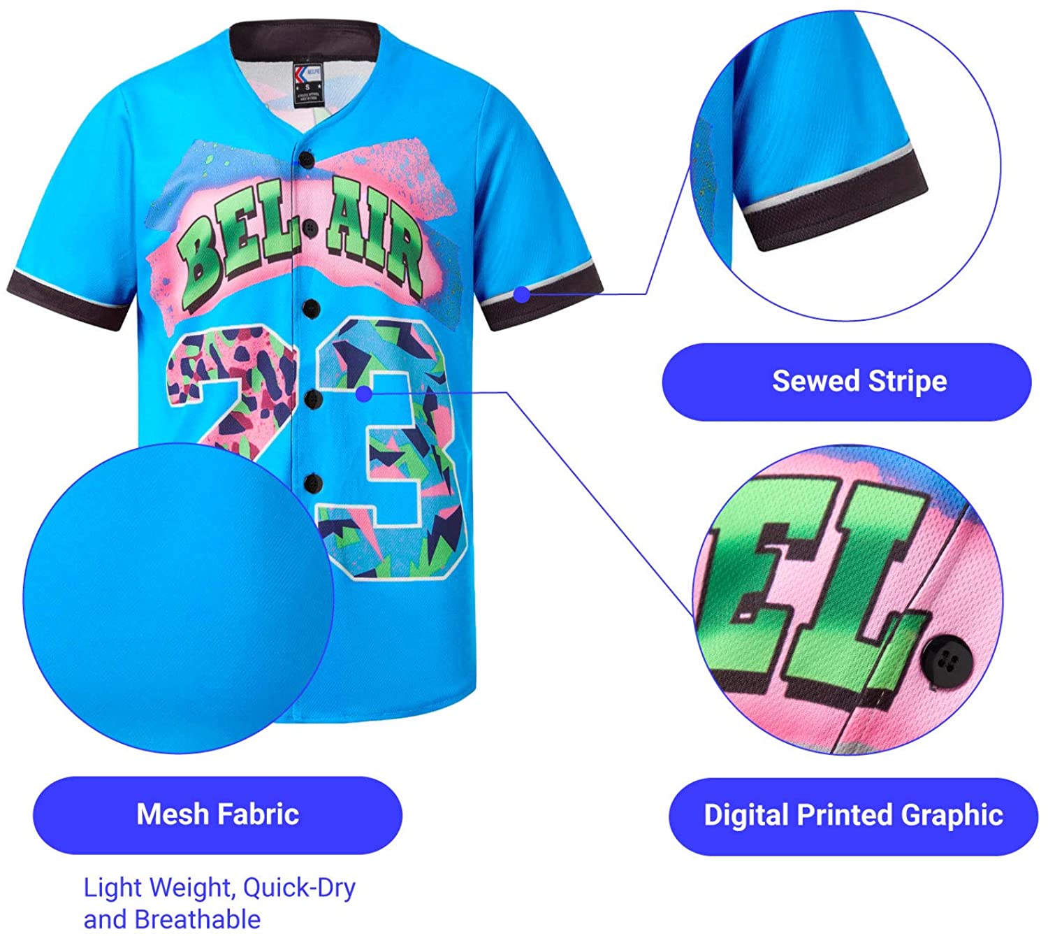 MOLPE 90s Hip Hop Clothing for Men and Women, Unisex Bel Air 23 Baseball Jersey, Mens Printed Urban Shirts for Party