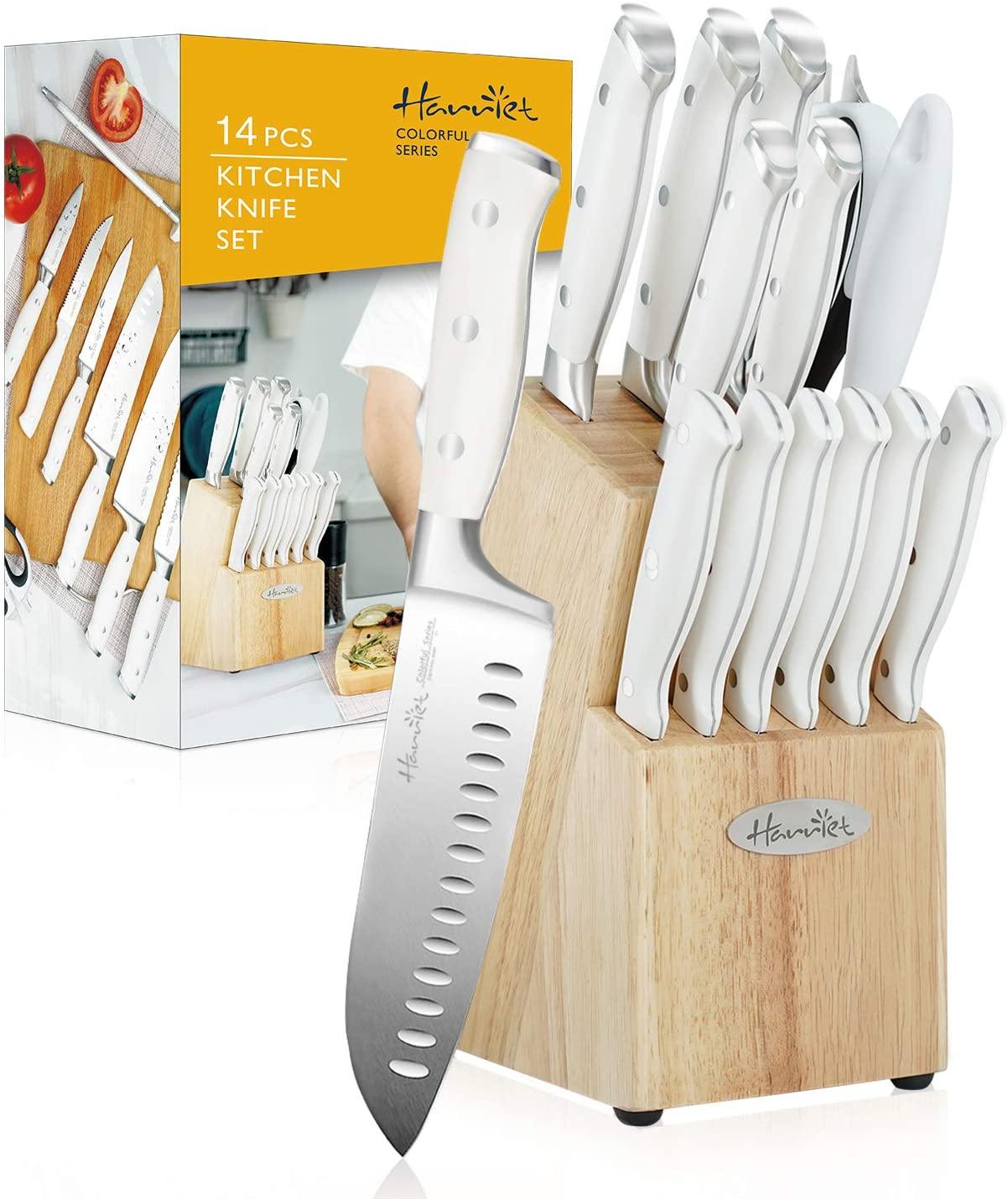 Harriet Knife Set, 14-Piece Kitchen Knife Set with Block Wooden, German Stainless Steel Professional Chef Knife Set with Sharpener, White - JOY2ESpree