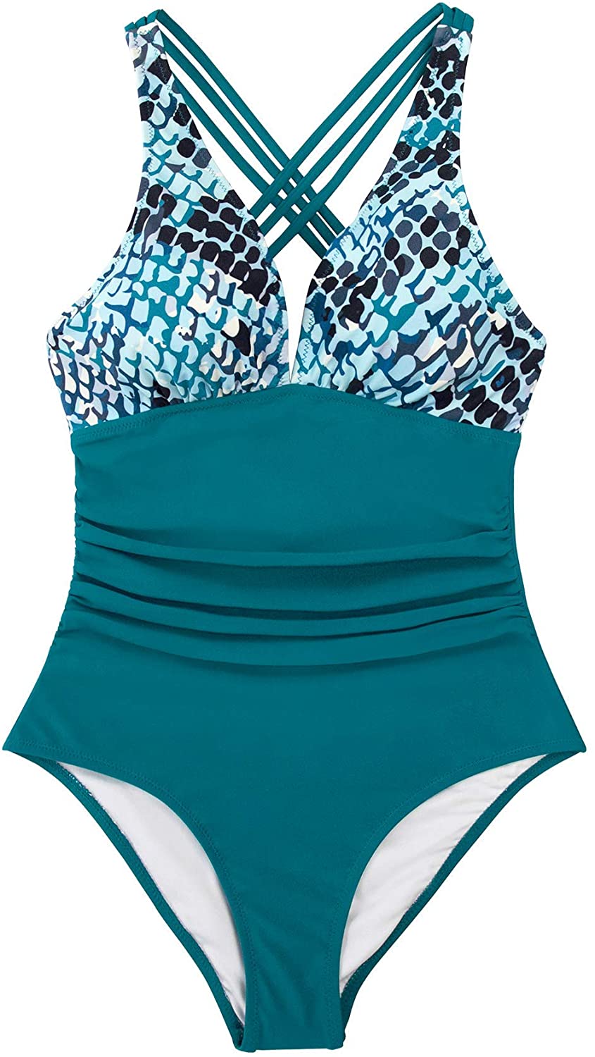 CUPSHE Women's One Piece Swimsuit V Neck Tummy Control Cross Back Vintage Swimwear Bathing Suits