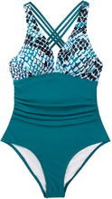 
                        
                          Load image into Gallery viewer, CUPSHE Women's One Piece Swimsuit V Neck Tummy Control Cross Back Vintage Swimwear Bathing Suits
                        
                      