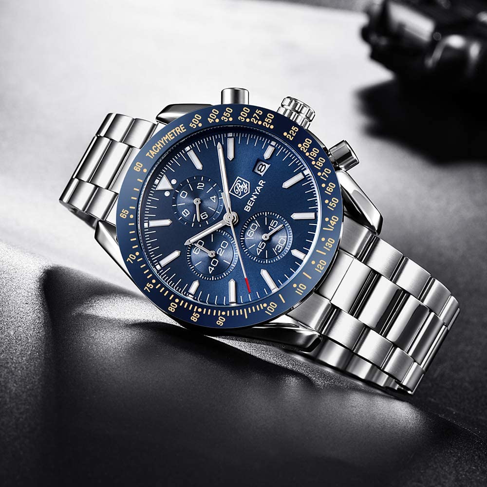 BENYAR Chronograph Mens Watch Quartz Movement 30M Waterproof | Leather Watch Strap