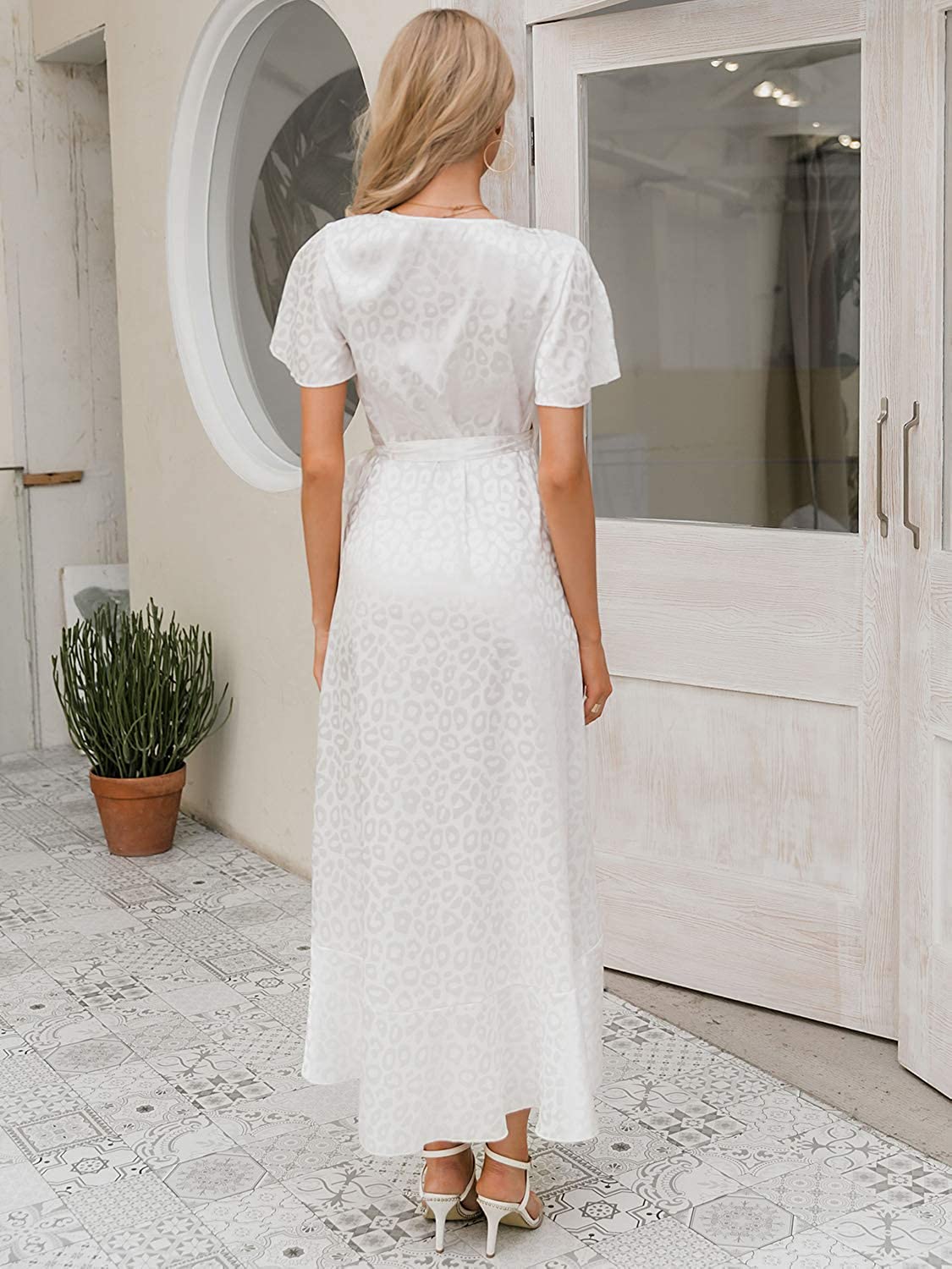 Miessial Women's Summer Chiffon V Neck Ruffle Maxi Dress Polka Dot Long Beach Wrap Dress