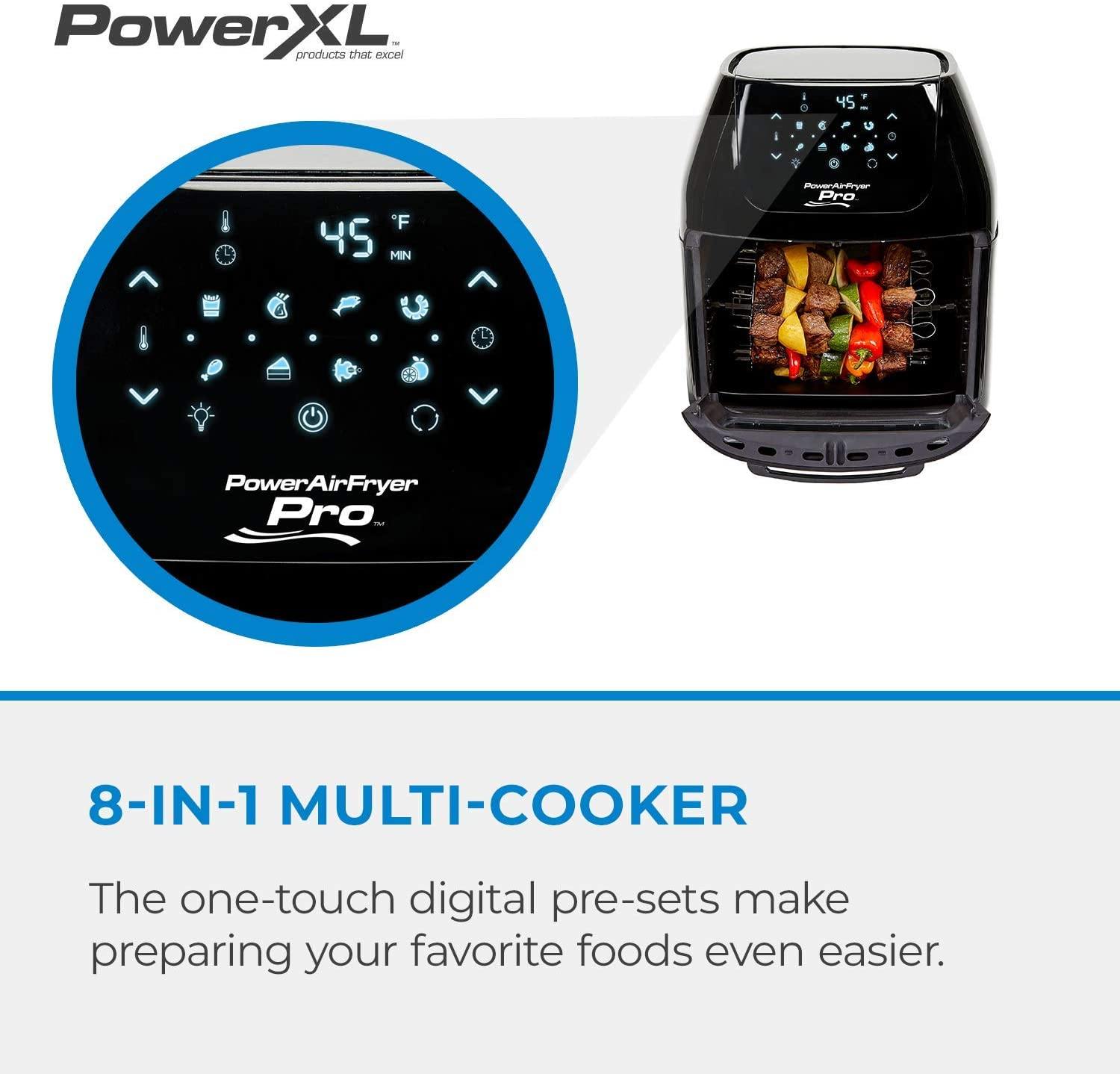 PowerXL Air Fryer Pro, Crisp, Cook, Rotisserie, Dehydrate; 7-in-1 Cooking Features; Deluxe Air Frying Accessories; 3 Recipe Books (6 Qt, Black) - JOY2ESpree