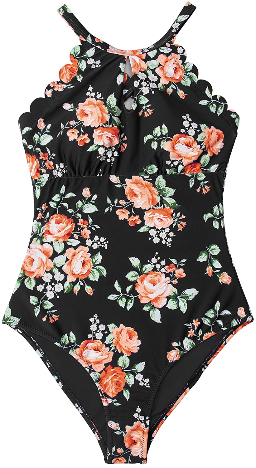CUPSHE Women's One Piece Swimsuit Floral Print High Neck Scallop Bathing Suit