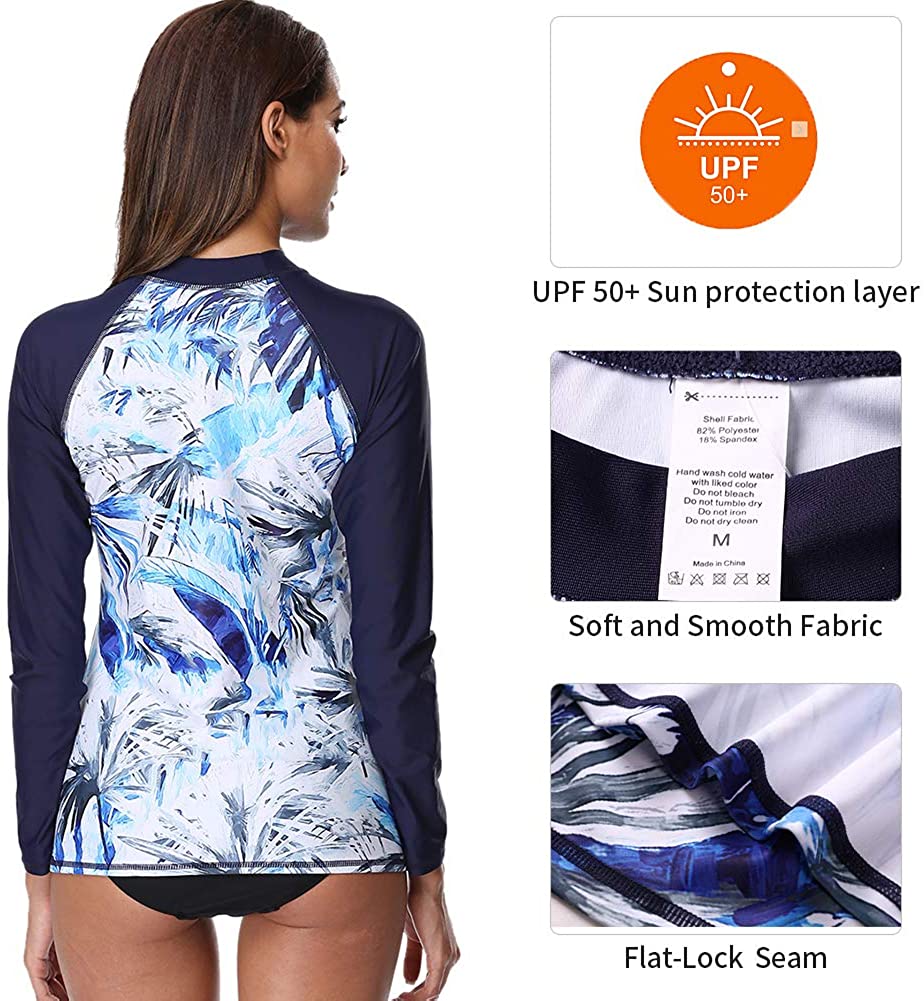 CharmLeaks Women's Long Sleeve Rashguard UPF 50 Sun Protection Swimsuit Top Striped Swim Shirts