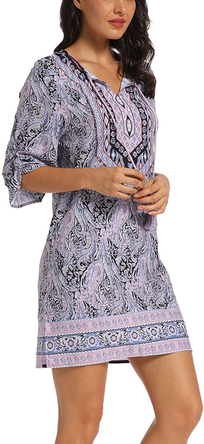 Women Bohemian Neck Tie Vintage Printed Ethnic Style Summer Shift Dress