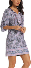
                        
                          Load image into Gallery viewer, Women Bohemian Neck Tie Vintage Printed Ethnic Style Summer Shift Dress
                        
                      