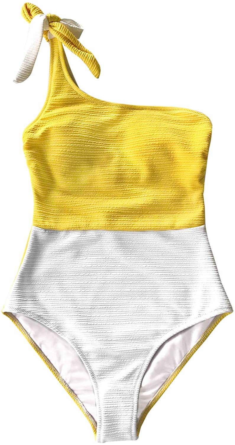 CUPSHE Women's One Piece Swimsuit Color Block One Shoulder Bowknot Bathing Suit