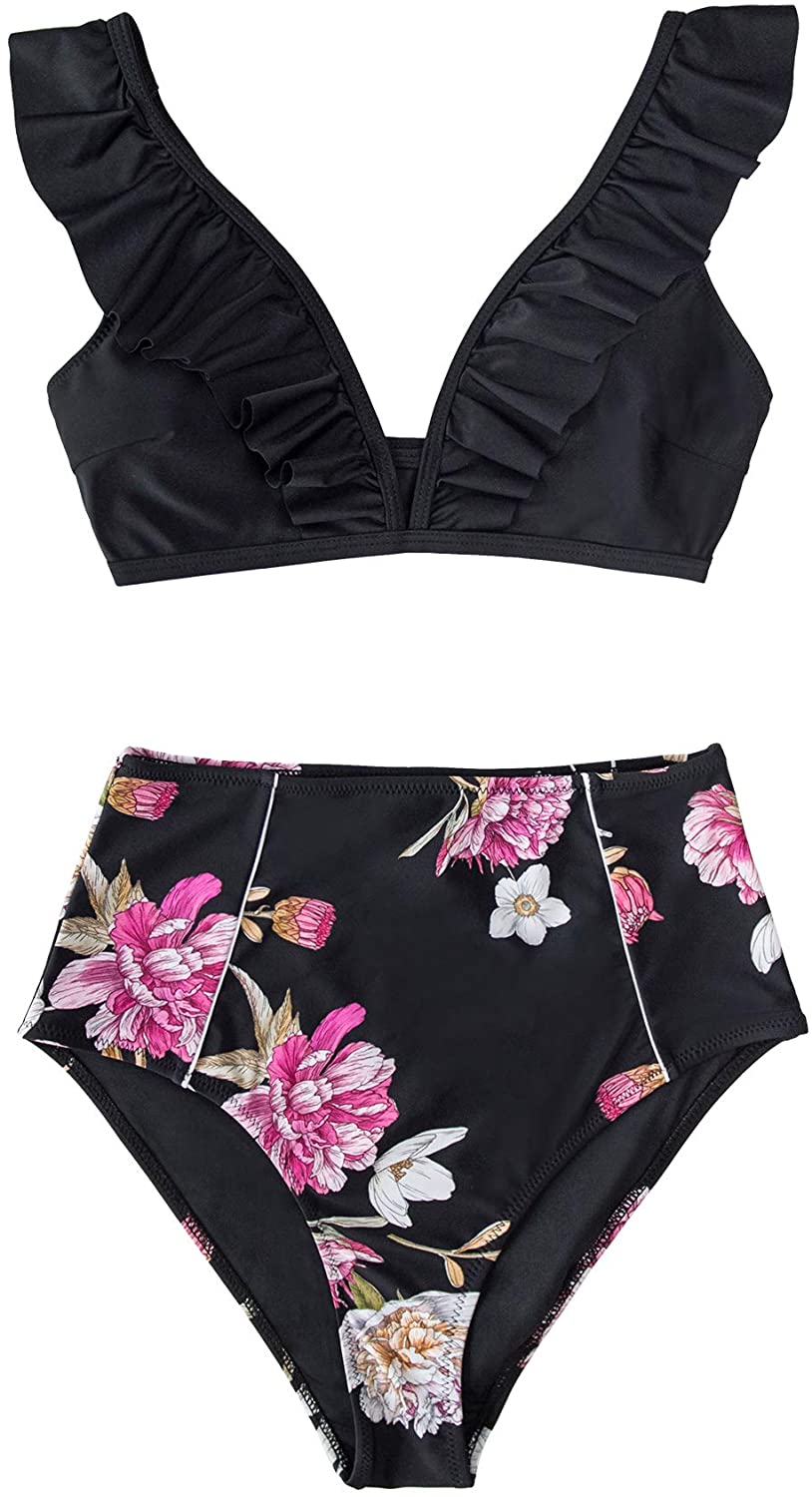 CUPSHE Women's High Waist Bikini Swimsuit Ruffle Floral Print Two Piece Bathing Suit