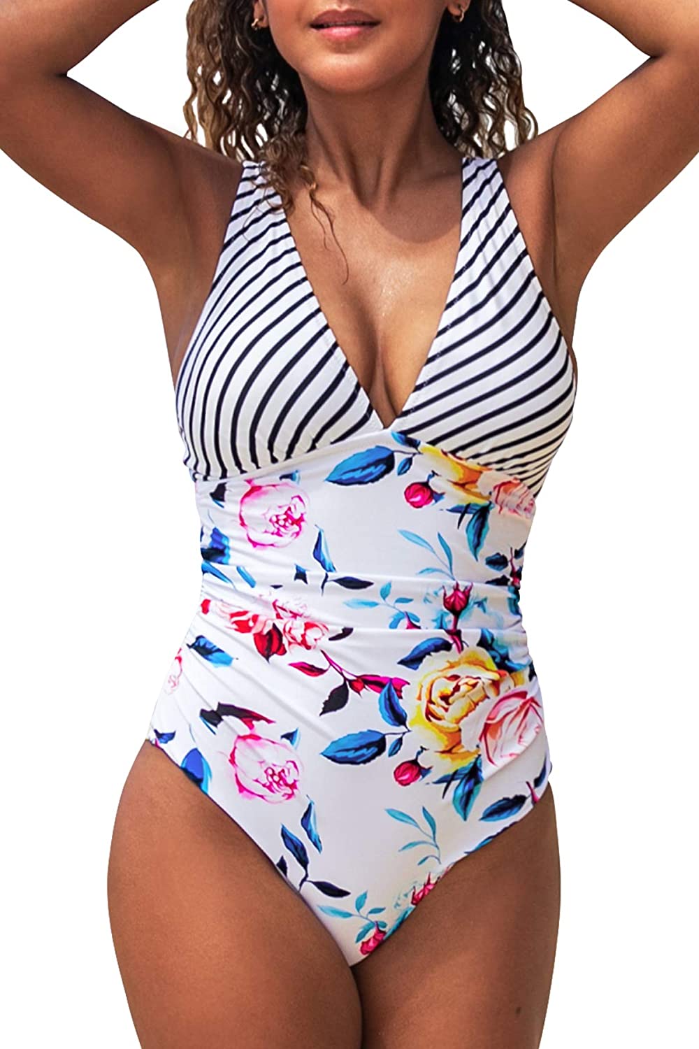 CUPSHE Women's One Piece Swimsuit V Neck Tummy Control Cross Back Vintage Swimwear Bathing Suits