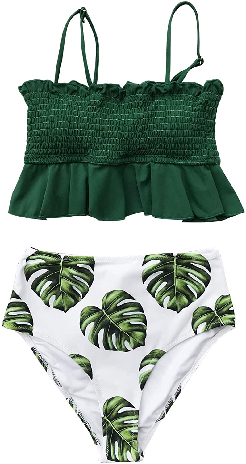 CUPSHE Women's High Waist Bikini Swimsuit Ruffle Smock Floral Print Two Piece Bathing Suit