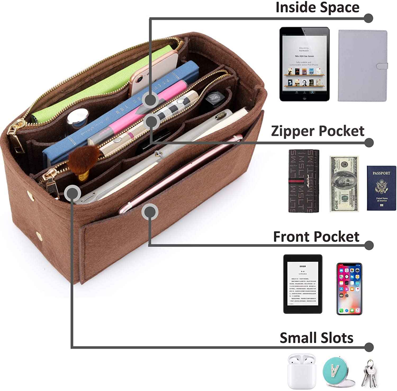 APSOONSELL Felt Purse Organizer Insert with Card Case, Tote Handbag Organizer Bag Insert with Zipper