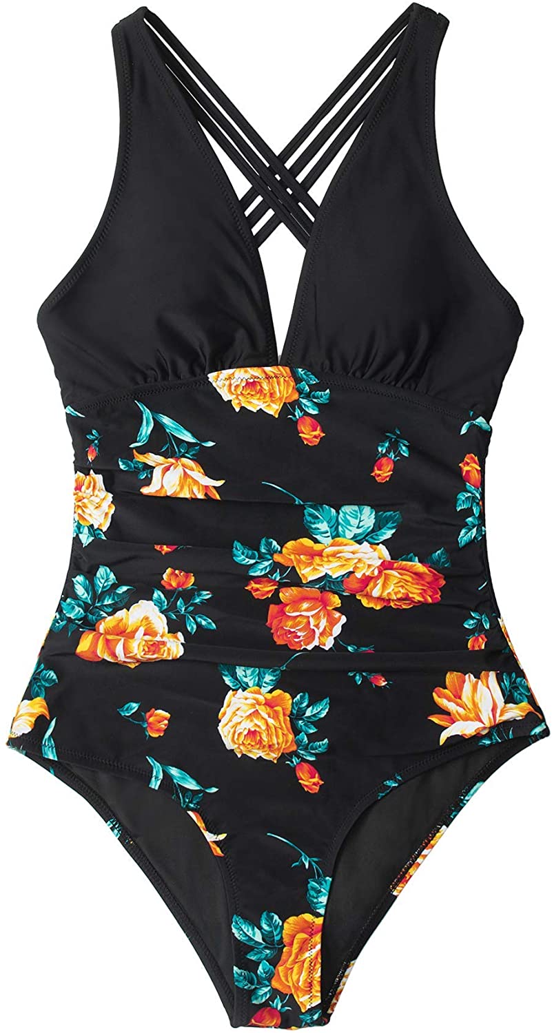 CUPSHE Women's One Piece Swimsuit V Neck Tummy Control Cross Back Vintage Swimwear Bathing Suits
