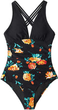 
                        
                          Load image into Gallery viewer, CUPSHE Women's One Piece Swimsuit V Neck Tummy Control Cross Back Vintage Swimwear Bathing Suits
                        
                      