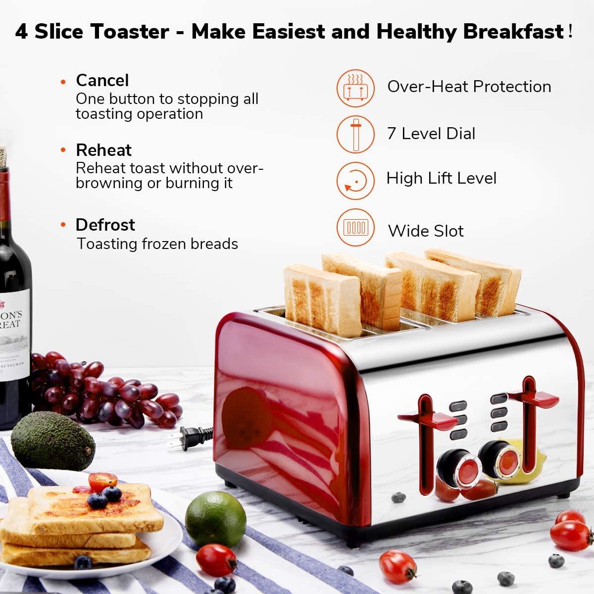 Toaster 4 Slice, CUSINAID 4 Wide Slots Stainless Steel Toasters with Reheat Defrost Cancel Function, 7-Shade Setting, Blue - JOY2ESpree