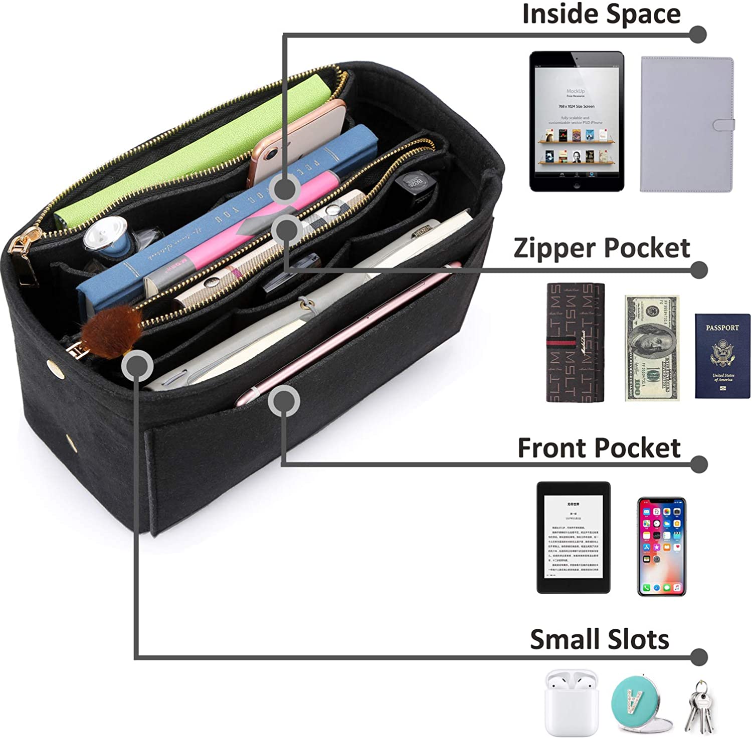 APSOONSELL Felt Purse Organizer Insert with Card Case, Tote Handbag Organizer Bag Insert with Zipper