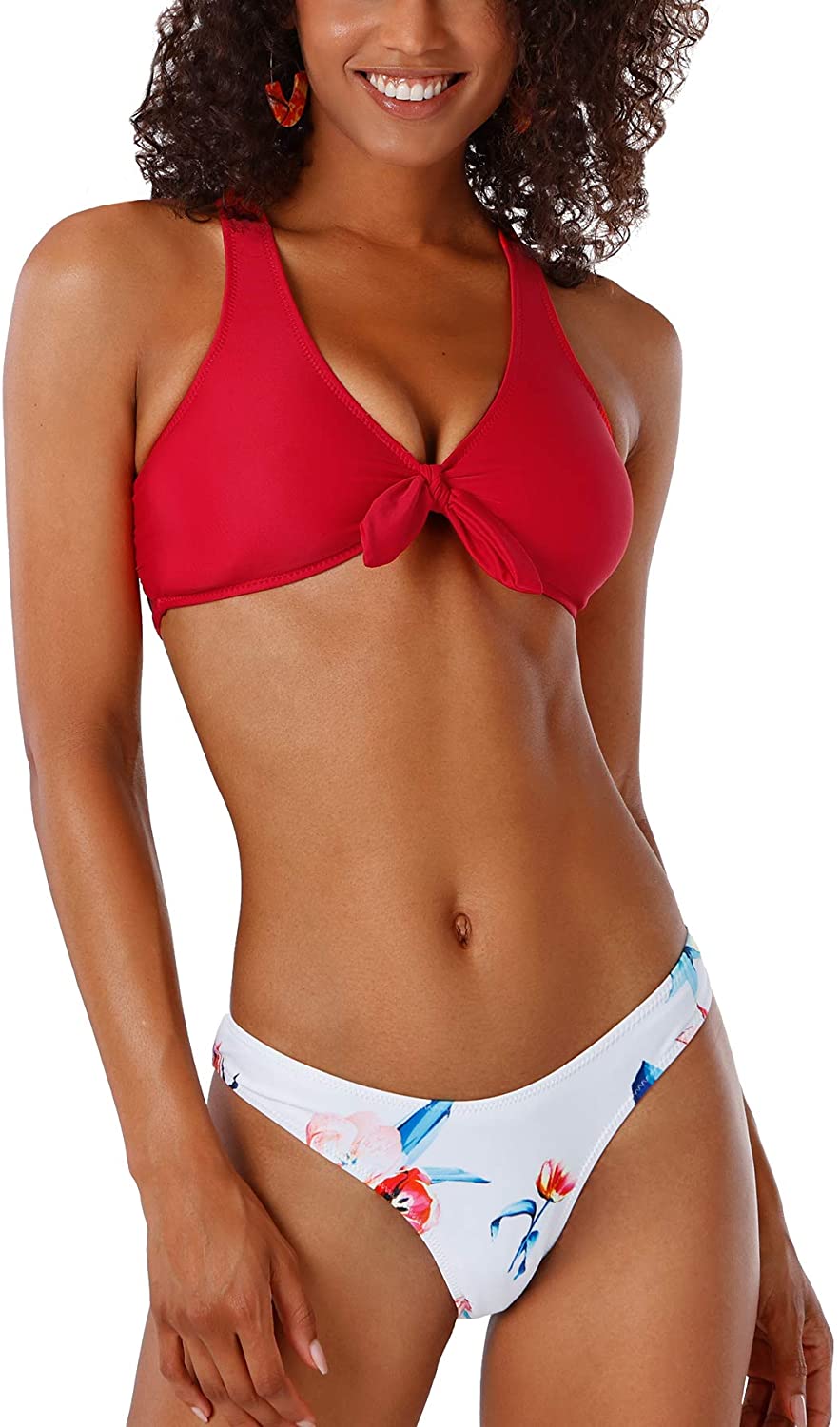 CUPSHE Women's Red Floral Print Knot Adjustable Bikini Sets